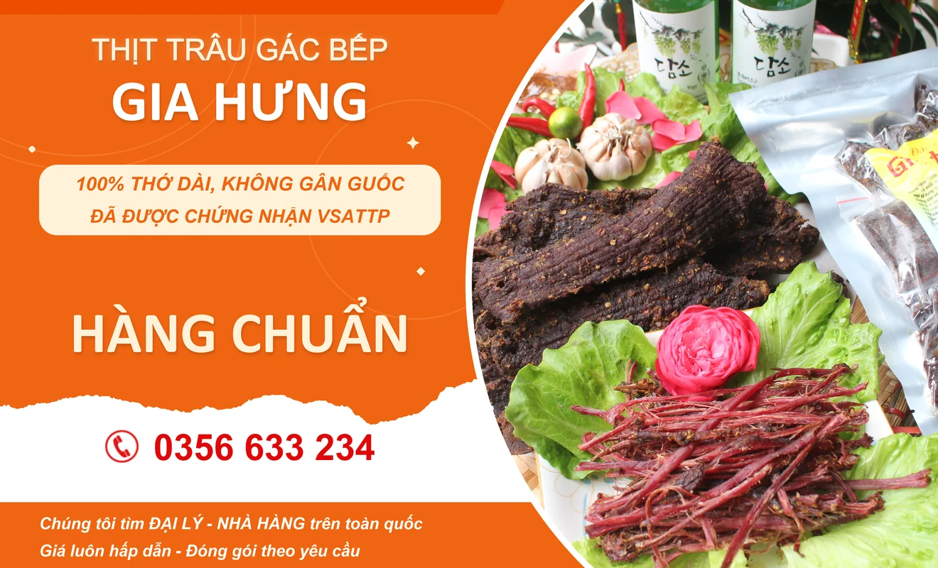 Banner Gia Hưng giới thiệu thịt trâu gác bếp và thông tin liên hệ